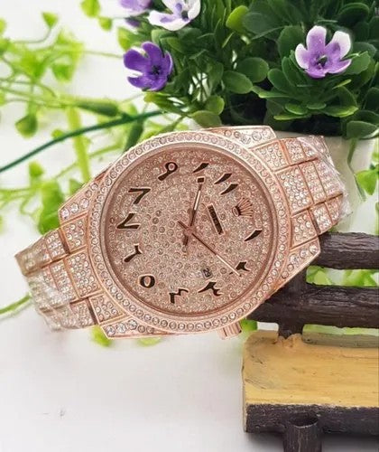 RLX Diamond Set - Stainless Steel Watch With Arabic Rosegold Dial Watch For Men's And Women's -Best For Stylist Look- Rlx-Arabic-Rosegold