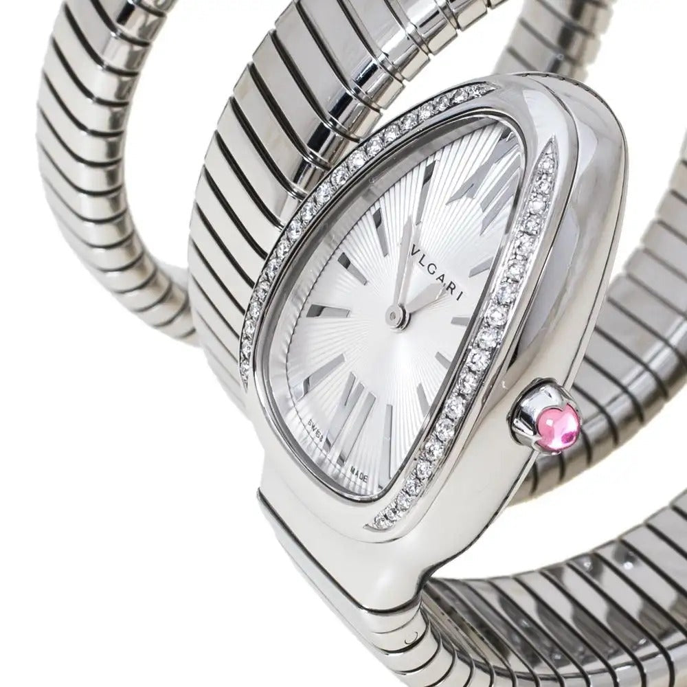 Serpenti Tubogas Analog Watch With Silver Color Stainless Steel Case & Strap Watch With White Opaline Dial Designer Bracelet Strap Double Spiral Watch For Girl Or Woman-Best Gift Date Watch- BV-101910