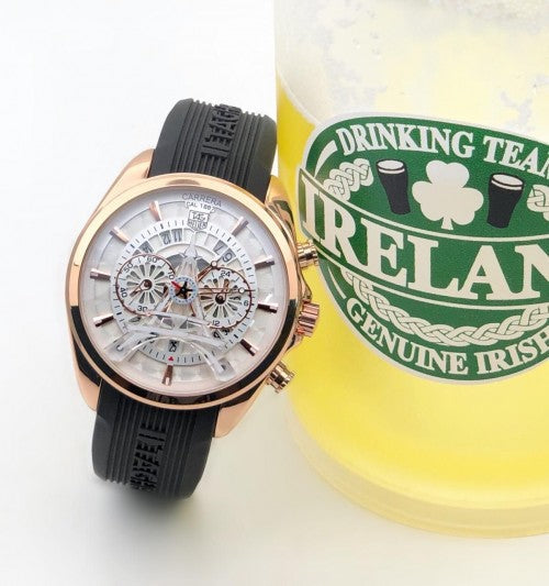Tag Heuer Carrera Caliber Eiffel Tower Edition TAG-IT-88 White Color And Sapphire Glass Watch Black Rubber Strap Chronograph White Dial With Gold Case Watch For Men's __ Best Gift Watch