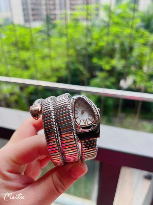 Serpenti Tubogas Analog Watch With Multicolor Color Stainless Steel Case & Strap Watch With Off White Color Opaline Dial Designer Bracelet Strap Double Spiral Watch BV-101827