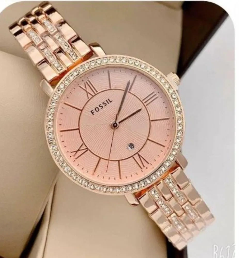 Fossil Rose Gold Metal Diamond Strap Watch For Women's ES-1567 Design White Dial For Girl or Woman Best Gift Date Watch