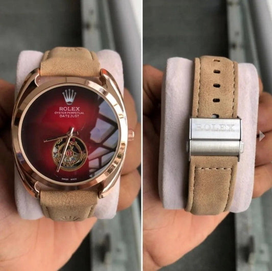 Oyster Perpetual DayTona Tan Leather Watch For Women's RLX-459 Red Dial Gold Case Railway Time Women's Watch