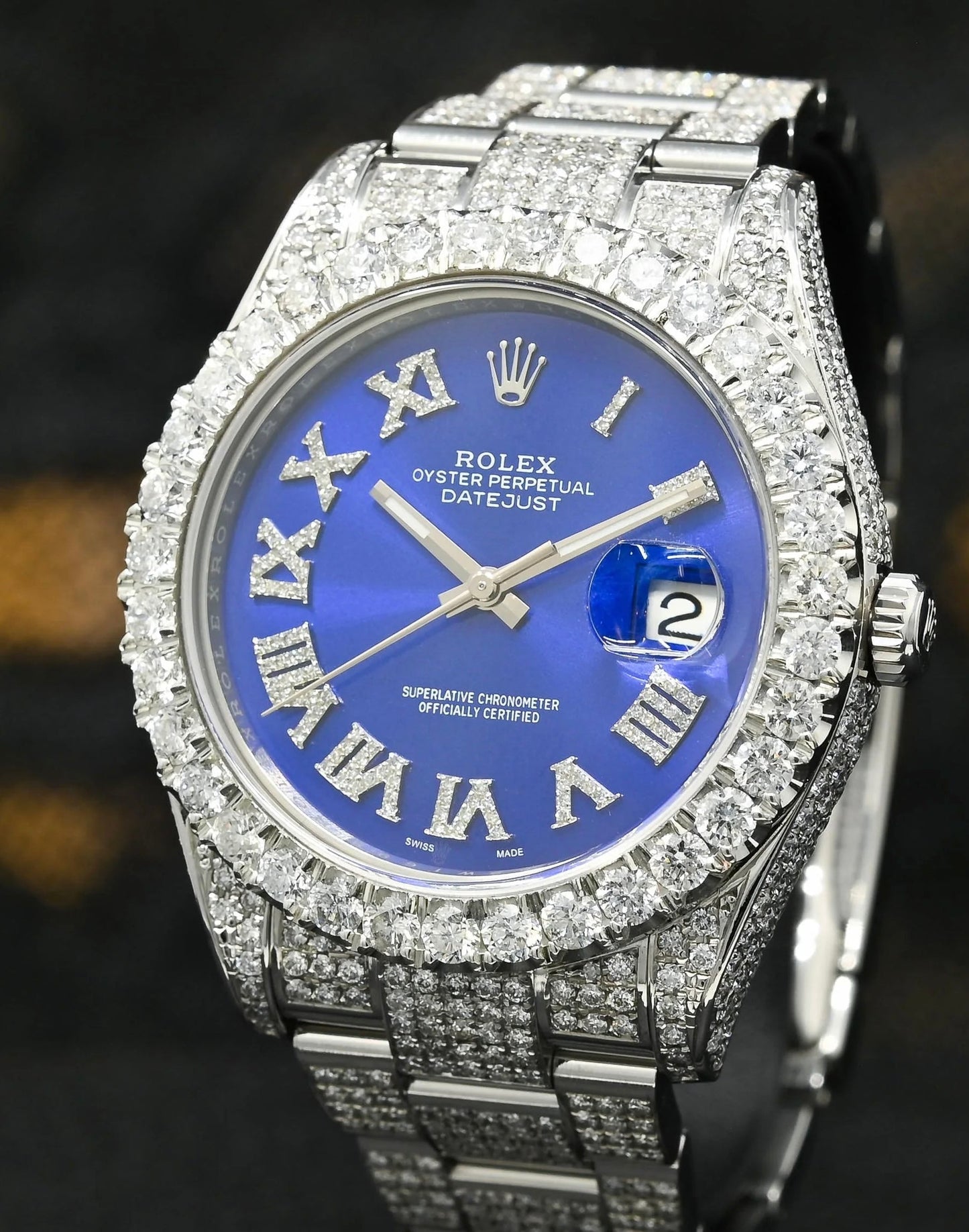 Analog Diamond Set Silver Watch/ Blue Dial Royal Stainless Steel RLX-8084