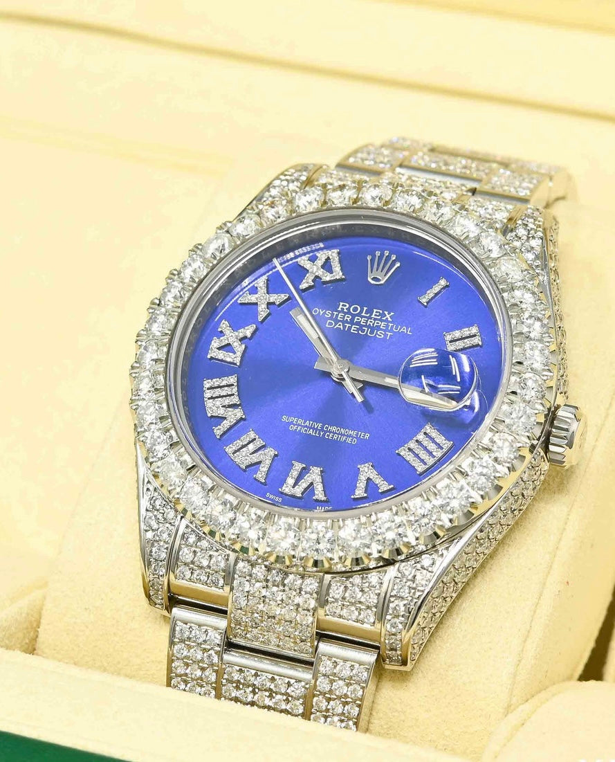 Analog Diamond Set Silver Watch/ Blue Dial Royal Stainless Steel RLX-8084
