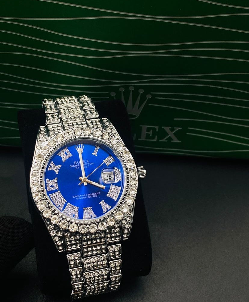 Analog Diamond Set Silver Watch/ Blue Dial Royal Stainless Steel RLX-8084