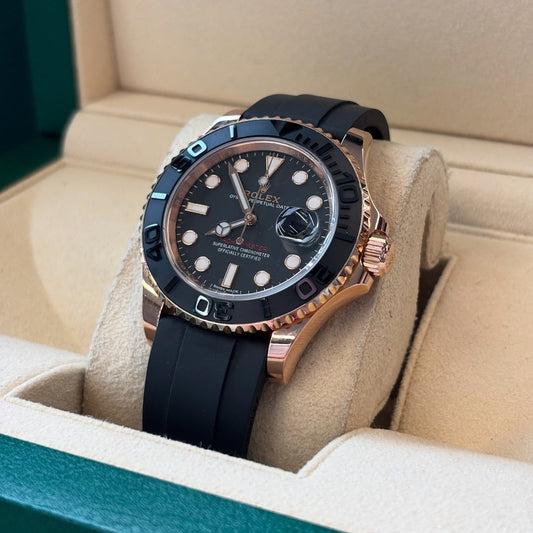 RLX Yacht-Master Rosegold Analog Black Dial Ceramic Bezel Oyster-flex Silicon Bracelet Men's Watch For Man Rlx-M268655-0004