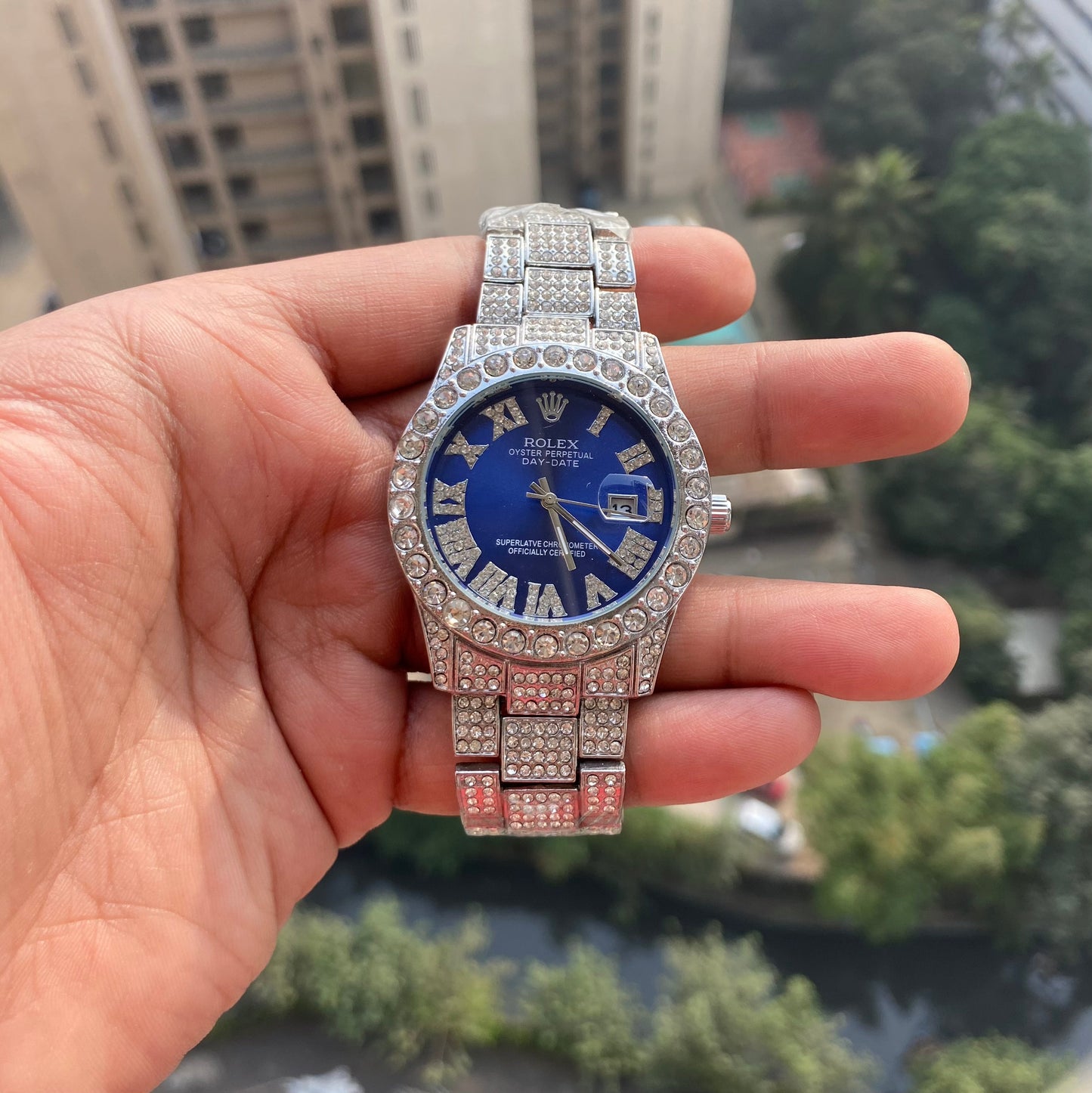 Analog Diamond Set Silver Watch/ Blue Dial Royal Stainless Steel RLX-8084