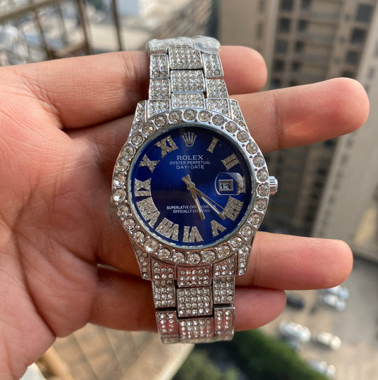 Analog Diamond Set Silver Watch/ Blue Dial Royal Stainless Steel RLX-8084