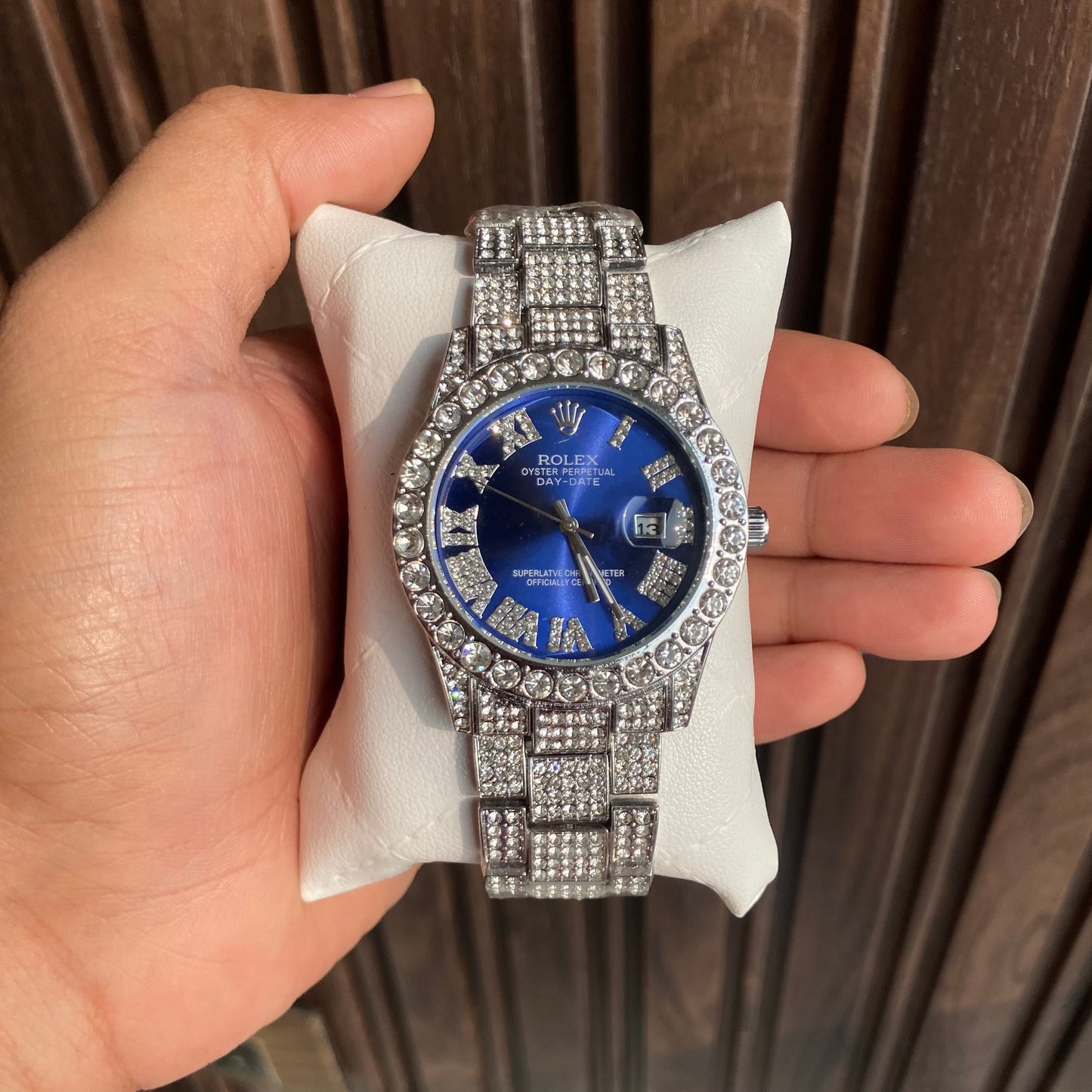 Analog Diamond Set Silver Watch/ Blue Dial Royal Stainless Steel RLX-8084