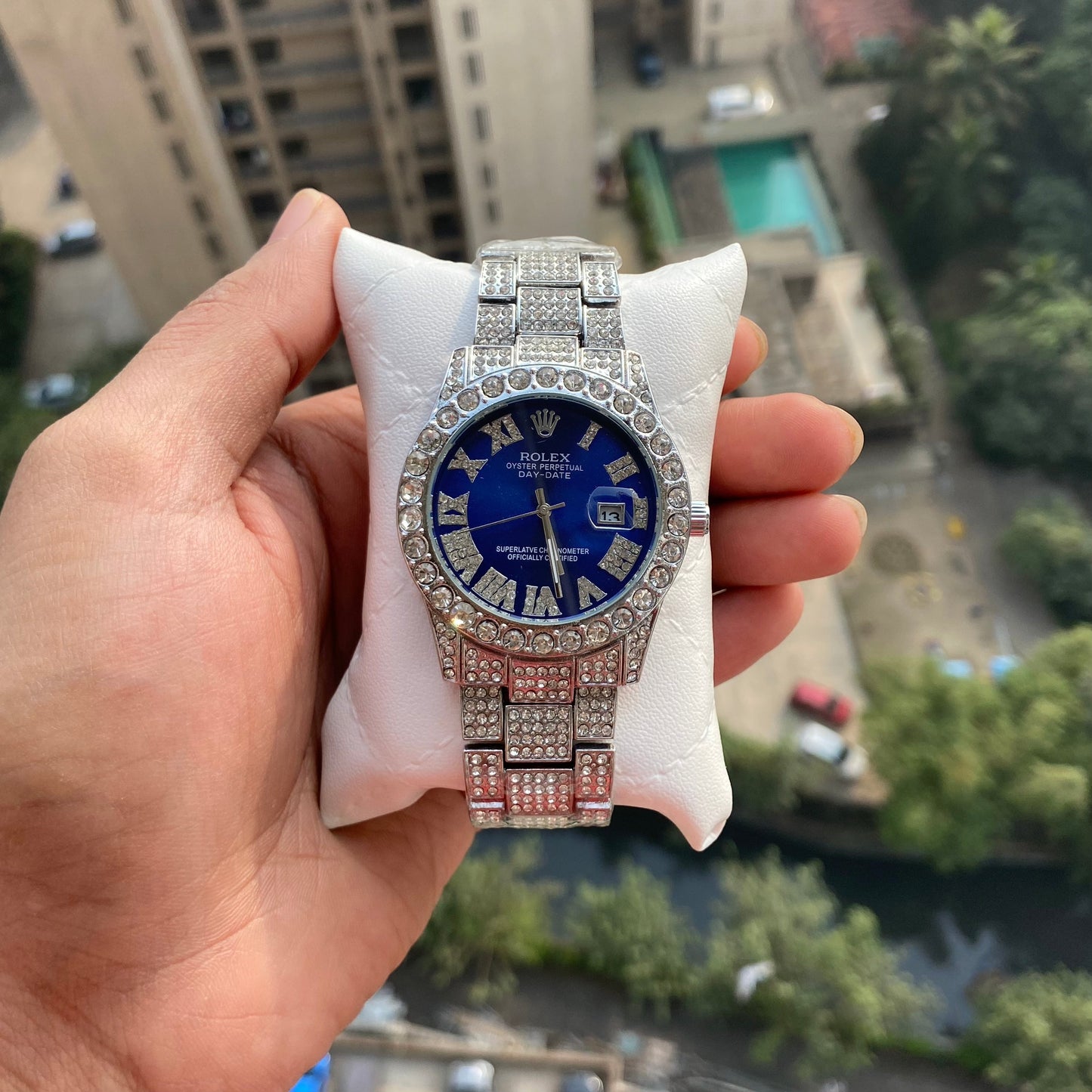 Analog Diamond Set Silver Watch/ Blue Dial Royal Stainless Steel RLX-8084