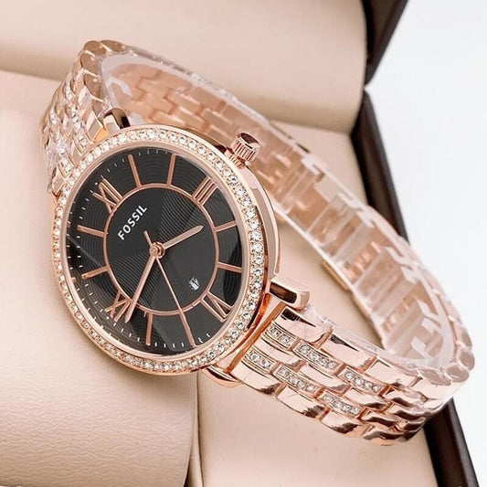 Rose Gold Metal Diamond Case&Strap Watch For Women's ES-6834 Design For Girl Or Woman Black Dial Best Gift Date Watch