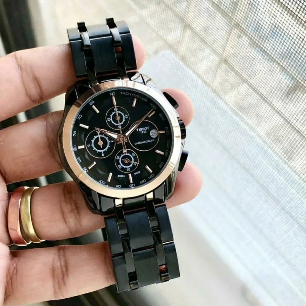 Tissot Chronograph Black Strap Men's Watch for Man Black Rose Gold Black Dial 1853 - Gift TS-BB-01