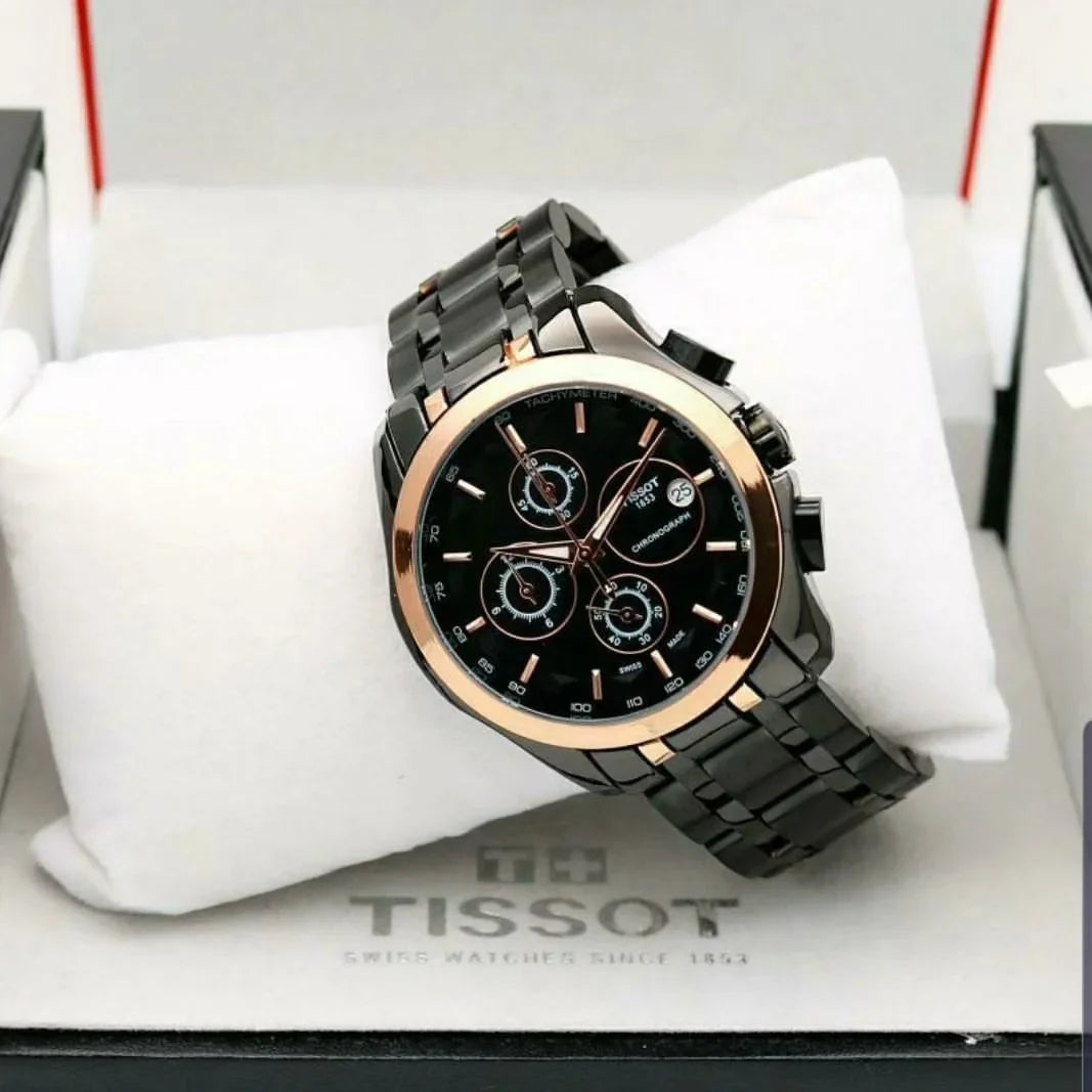 Tissot Chronograph Black Strap Men's Watch for Man Black Rose Gold Black Dial 1853 - Gift TS-BB-01
