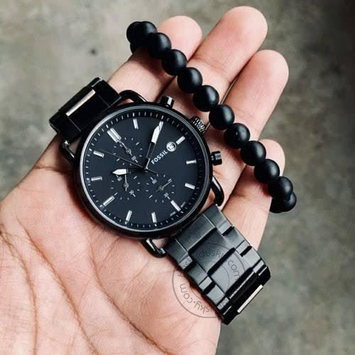 Fossil FS555 Black Dial with Chronograph Date Stainless Steel Straps Men's Watch for Man