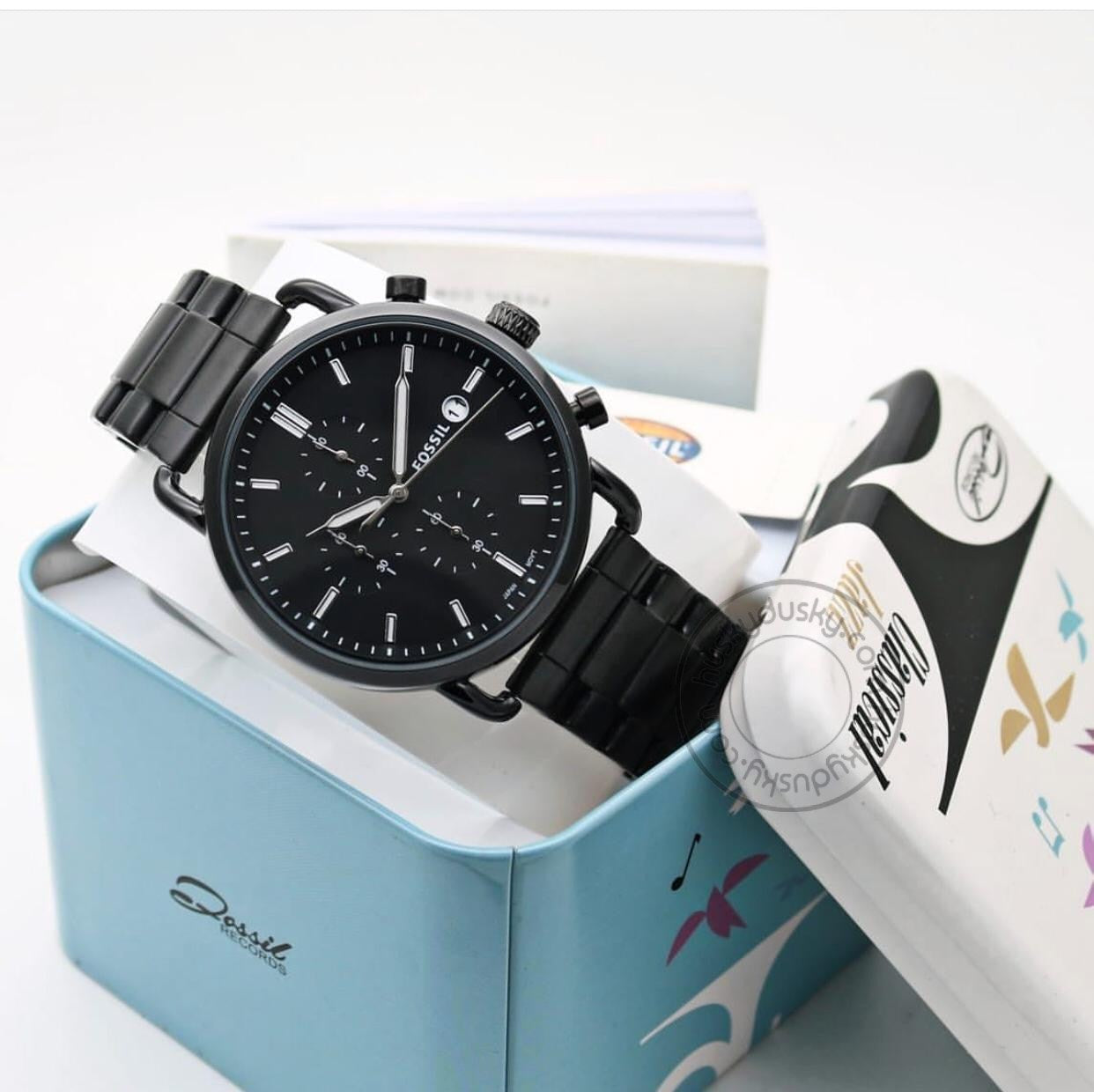 Fossil FS555 Black Dial with Chronograph Date Stainless Steel Straps Men's Watch for Man