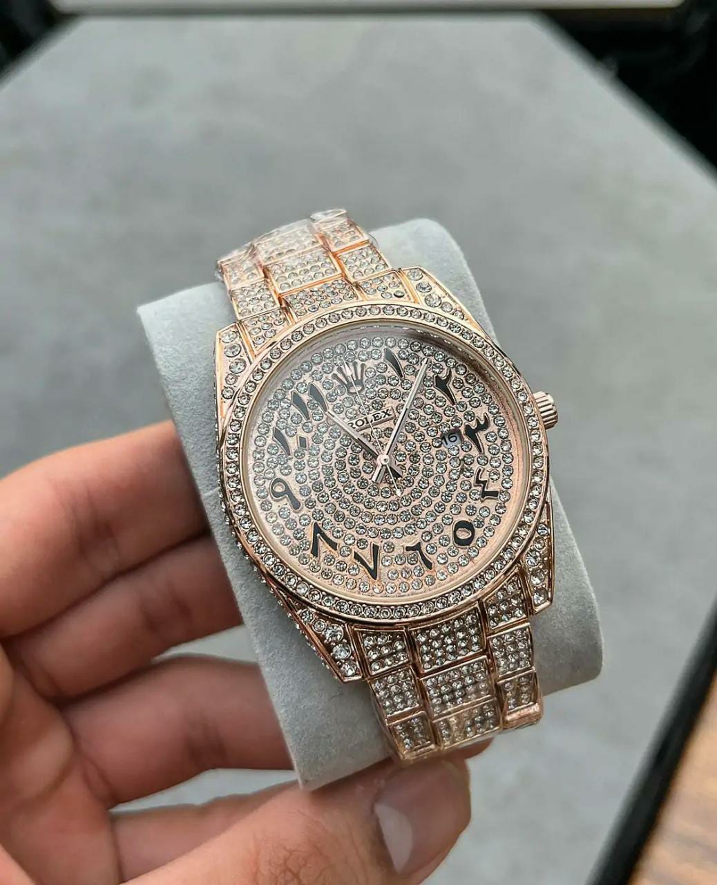 RLX Diamond Set - Stainless Steel Watch With Arabic Rosegold Dial Watch For Men's And Women's -Best For Stylist Look- Rlx-Arabic-Rosegold