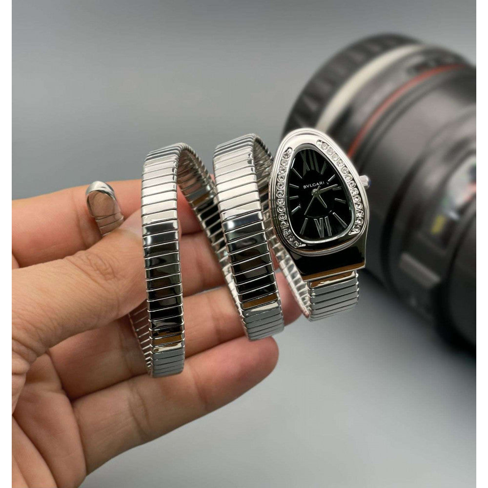 Analog Watch With Silver Color Stainless Steel Case & Strap Watch With Black Gilter Opaline Dial