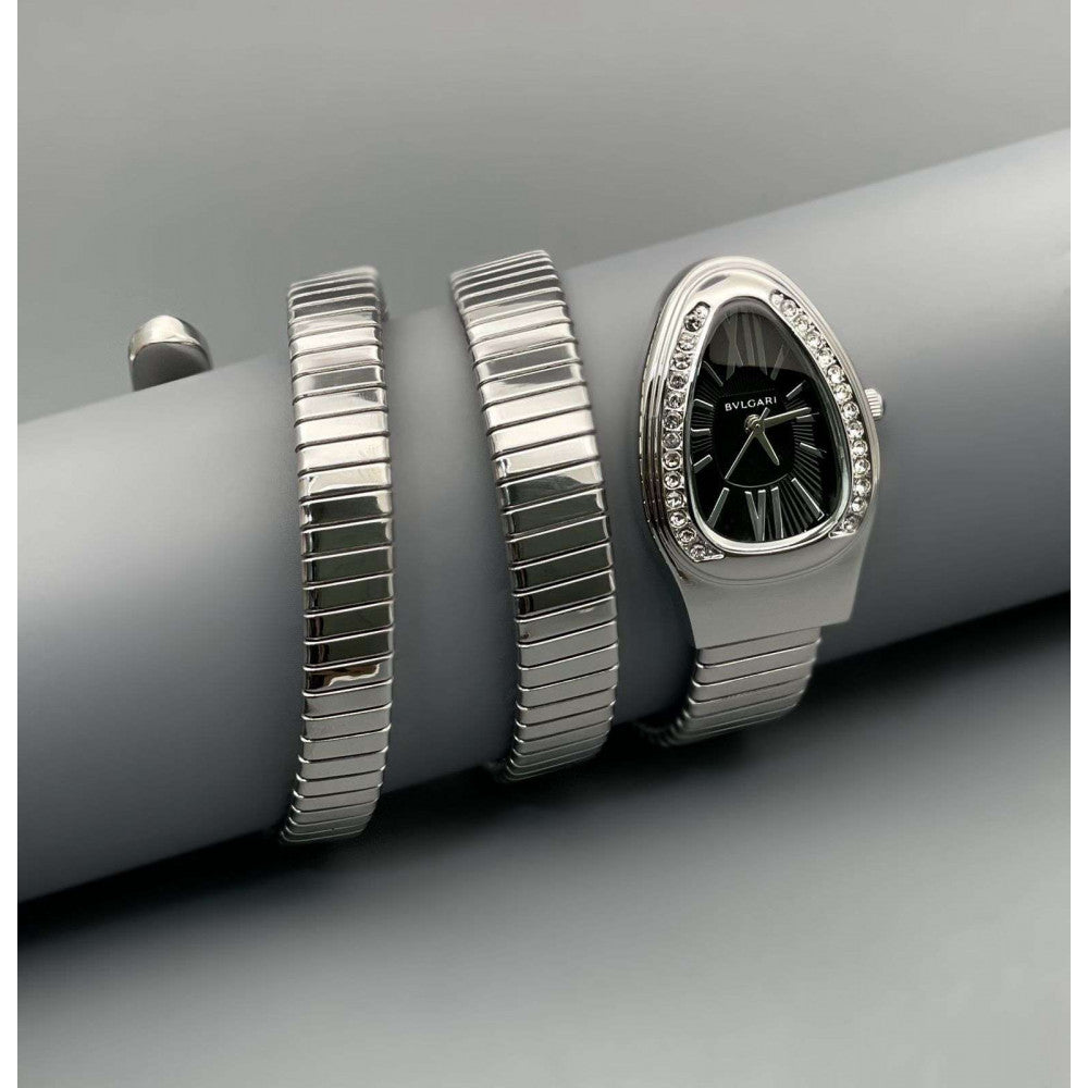 Analog Watch With Silver Color Stainless Steel Case & Strap Watch With Black Gilter Opaline Dial