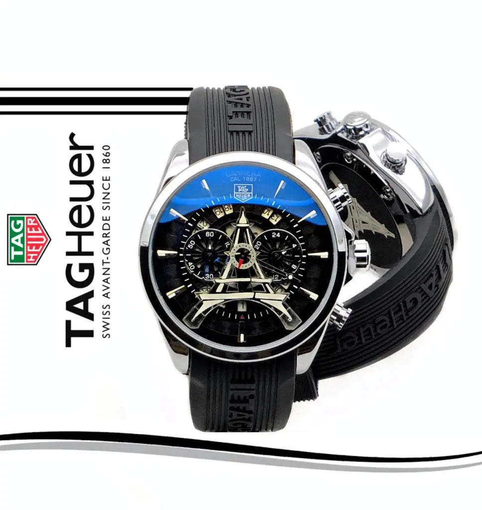 Tag Heuer Carrera Caliber Eiffel Tower Edition TAG-IT-BLK Leather Chronograph Black Dial Men's Watch For Man - Gift