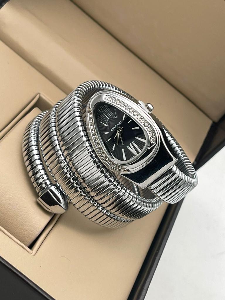 Analog Watch With Silver Color Stainless Steel Case & Strap Watch With Black Gilter Opaline Dial