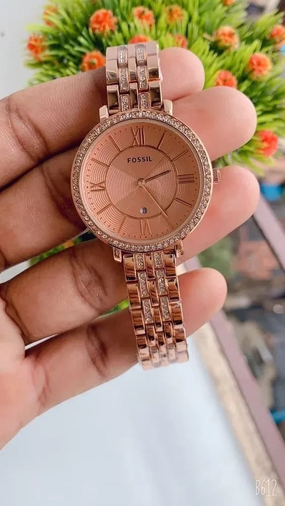 Fossil Rose Gold Metal Diamond Strap Watch For Women's ES-1567 Design White Dial For Girl or Woman Best Gift Date Watch