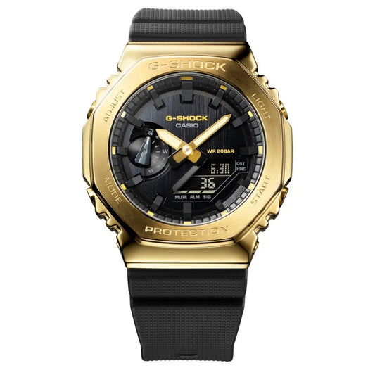 G-shock Metal Covered Golden/Black Round Analog+Digital World Time Multi-Function Resin Band Sports Watch GS-2101