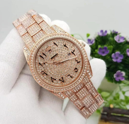 RLX Diamond Set - Stainless Steel Watch With Arabic Rosegold Dial Watch For Men's And Women's -Best For Stylist Look- Rlx-Arabic-Rosegold