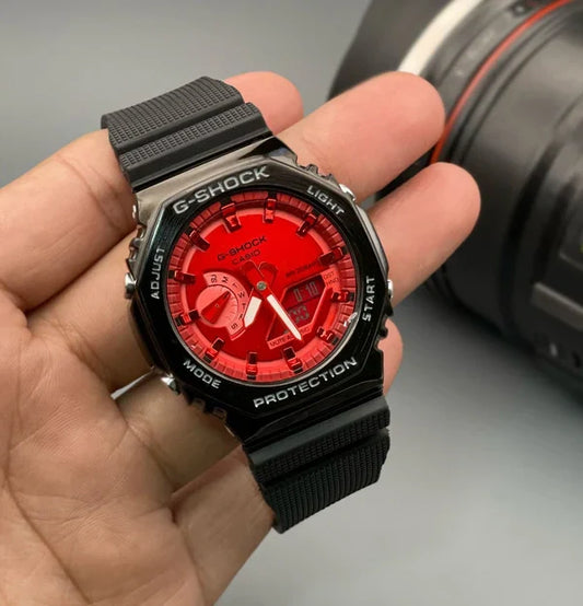 G-shock Metal Covered Red/Black Round Analog+Digital World Time Multi-Function Resin Band Sports Watch GS-2102