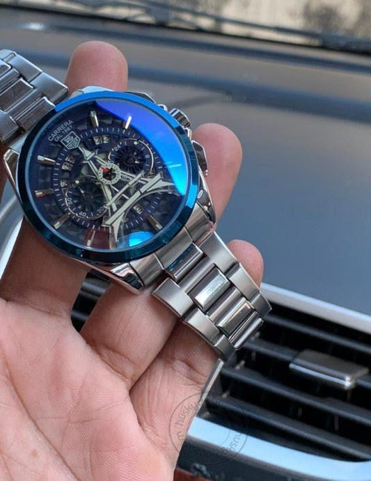Tag Heuer CARRERA Eiffel Tower edition CAR-IT-02 Silver chain Chronograph Blue Dial Stainless Steel Men's Watch for Man - Gift
